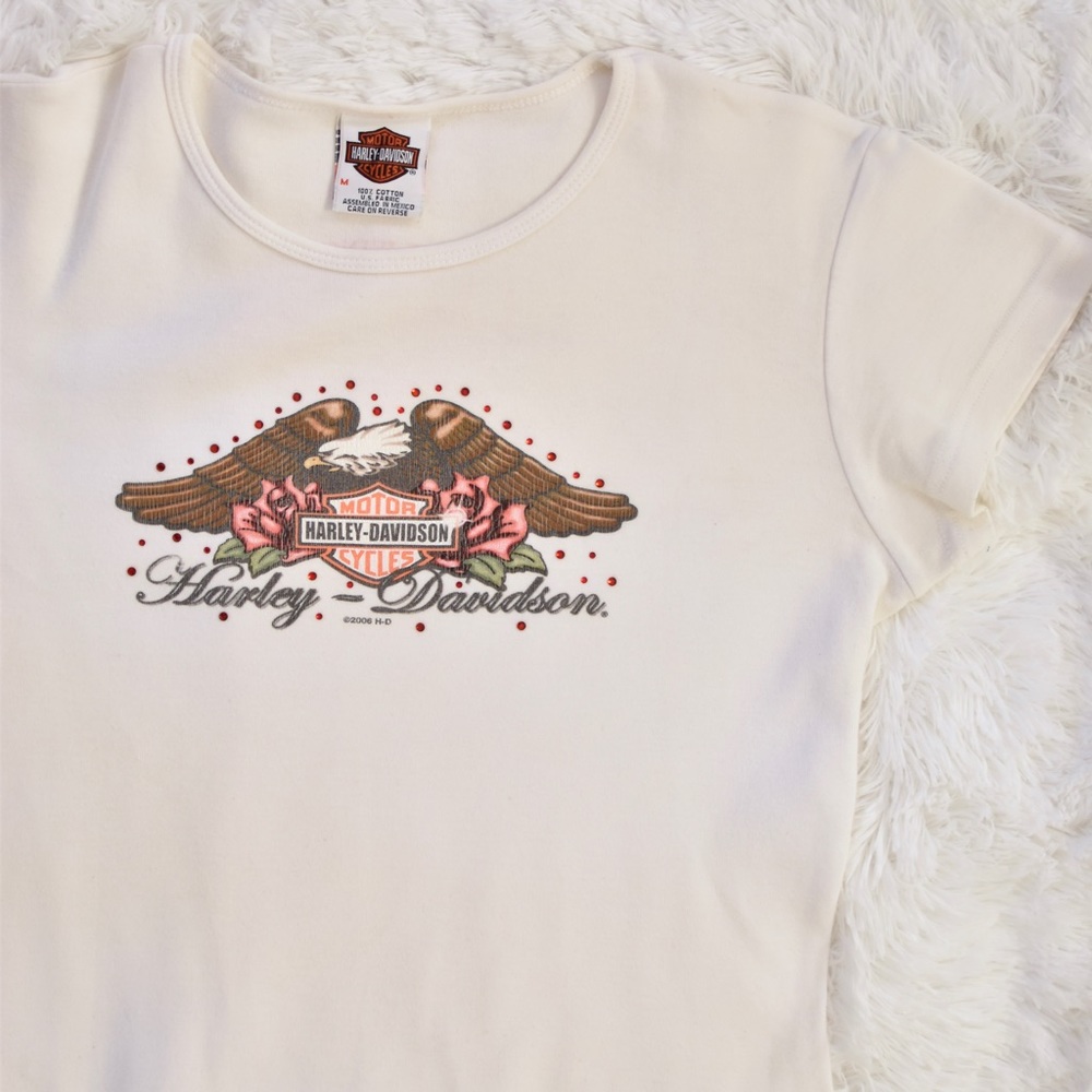 Harley Davidson Rhinestone Eagle Rose Print Tee - Picture 3 of 8